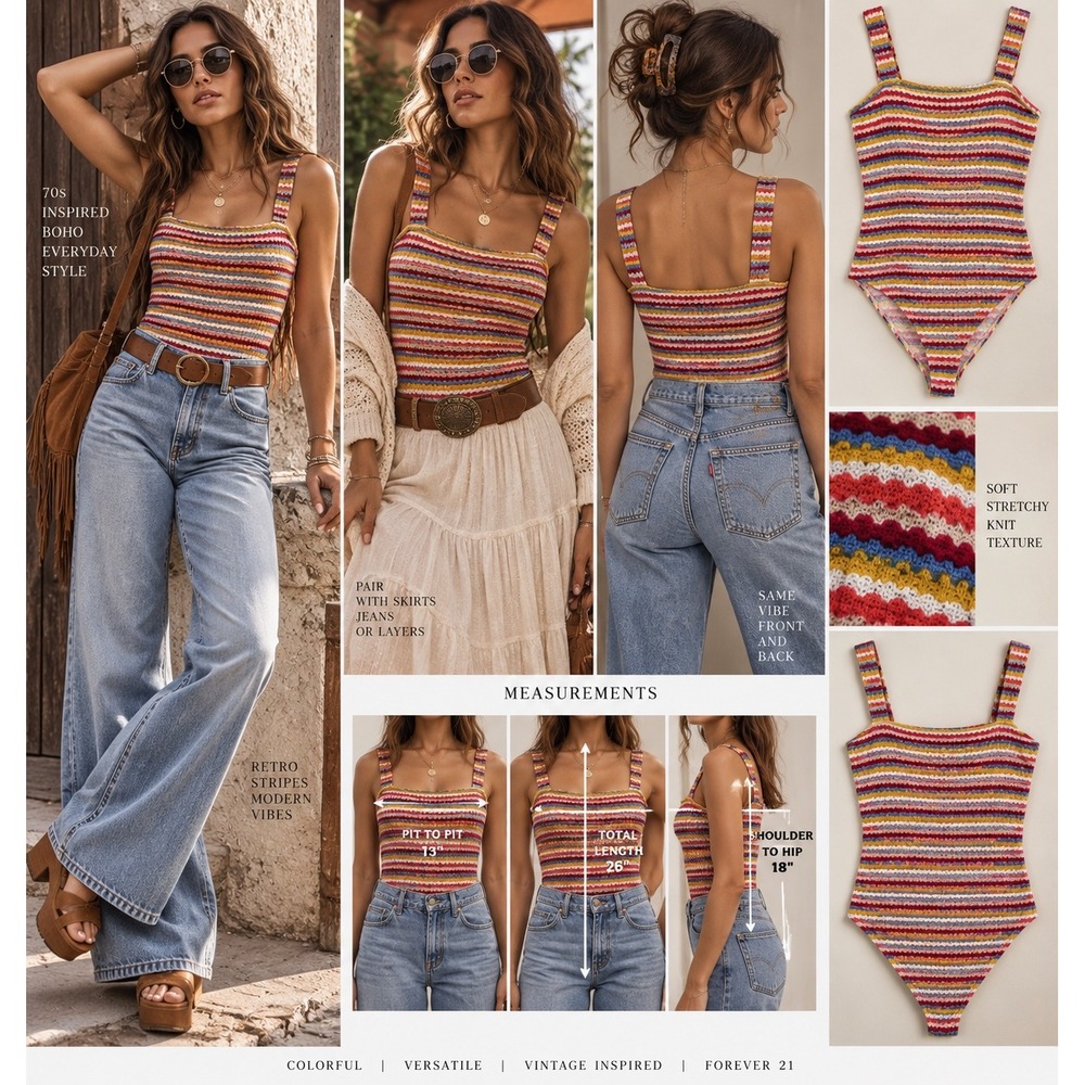 Forever 21 Striped Crochet Knit Bodysuit S 70s Boho Y2K Festival Retro